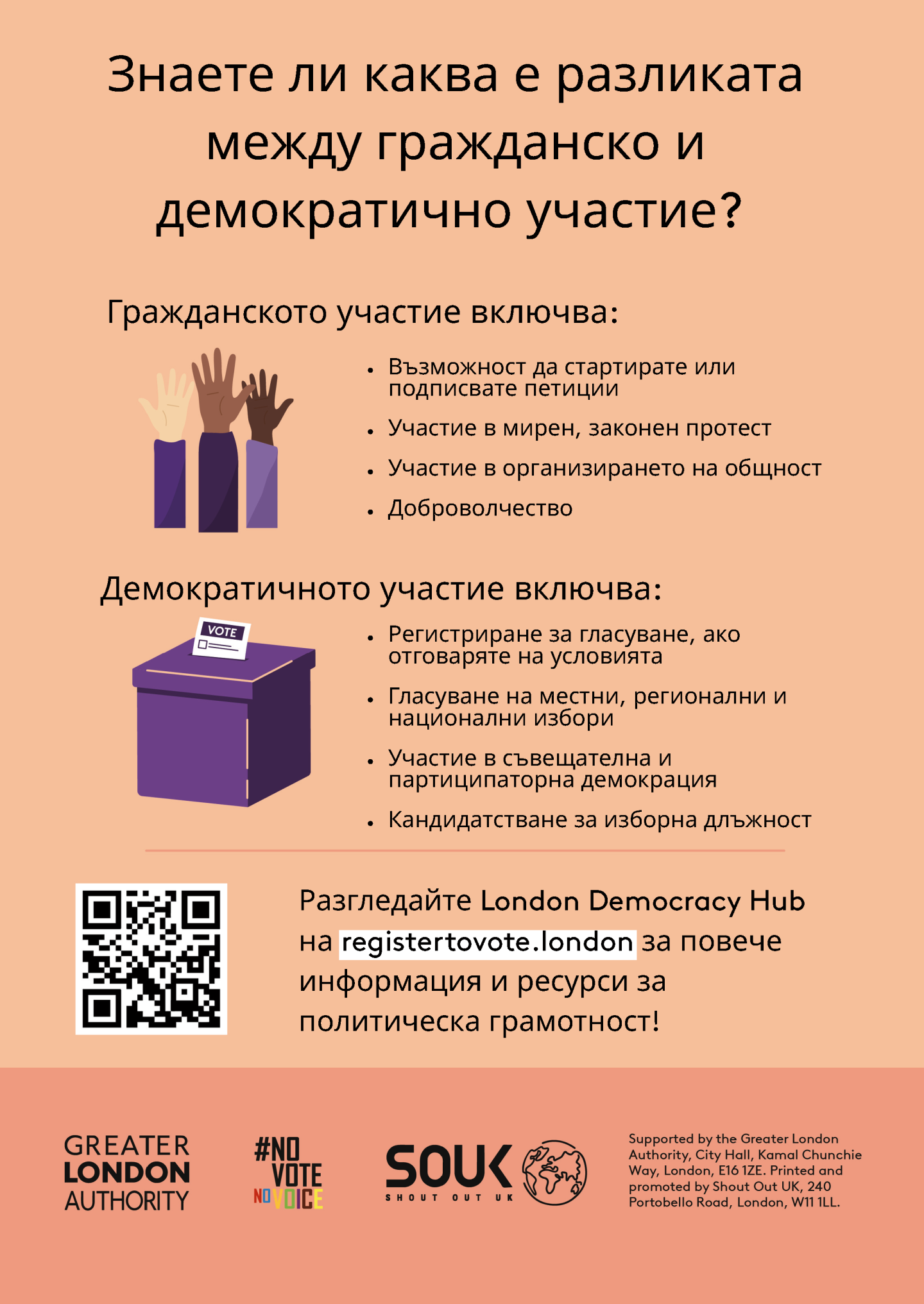 Do you know the difference between civic and democratic participation? Understanding both is key to being an informed Londoner. Civic participation = the ability to start or sign petitions, taking part in peaceful, legal protest, being involved in community organising, volunteering. Democratic participation = registering to vote, if eligible, voting in elections, taking part in deliberative and participatory democracy, standing for elected office. Check out the GLA Democracy Hub for more info.