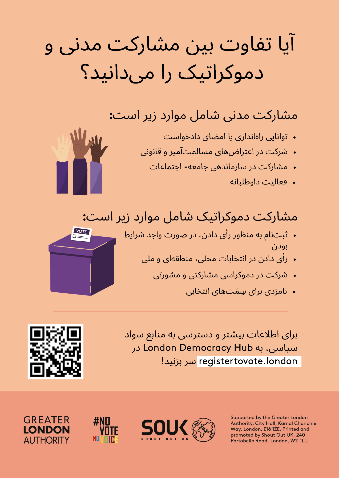 Do you know the difference between civic and democratic participation? Understanding both is key to being an informed Londoner. Civic participation = the ability to start or sign petitions, taking part in peaceful, legal protest, being involved in community organising, volunteering. Democratic participation = registering to vote, if eligible, voting in elections, taking part in deliberative and participatory democracy, standing for elected office. Check out the GLA Democracy Hub for more info.