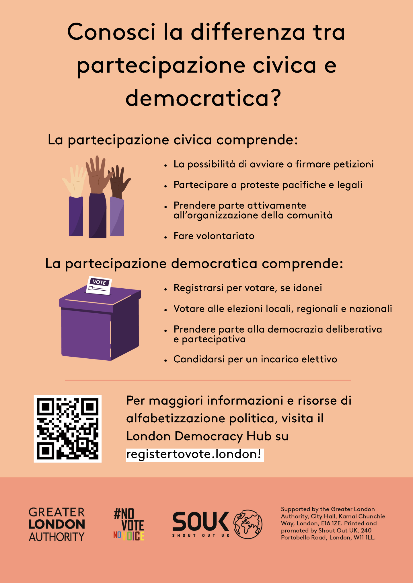 Do you know the difference between civic and democratic participation? Understanding both is key to being an informed Londoner. Civic participation = the ability to start or sign petitions, taking part in peaceful, legal protest, being involved in community organising, volunteering. Democratic participation = registering to vote, if eligible, voting in elections, taking part in deliberative and participatory democracy, standing for elected office. Check out the GLA Democracy Hub for more info.