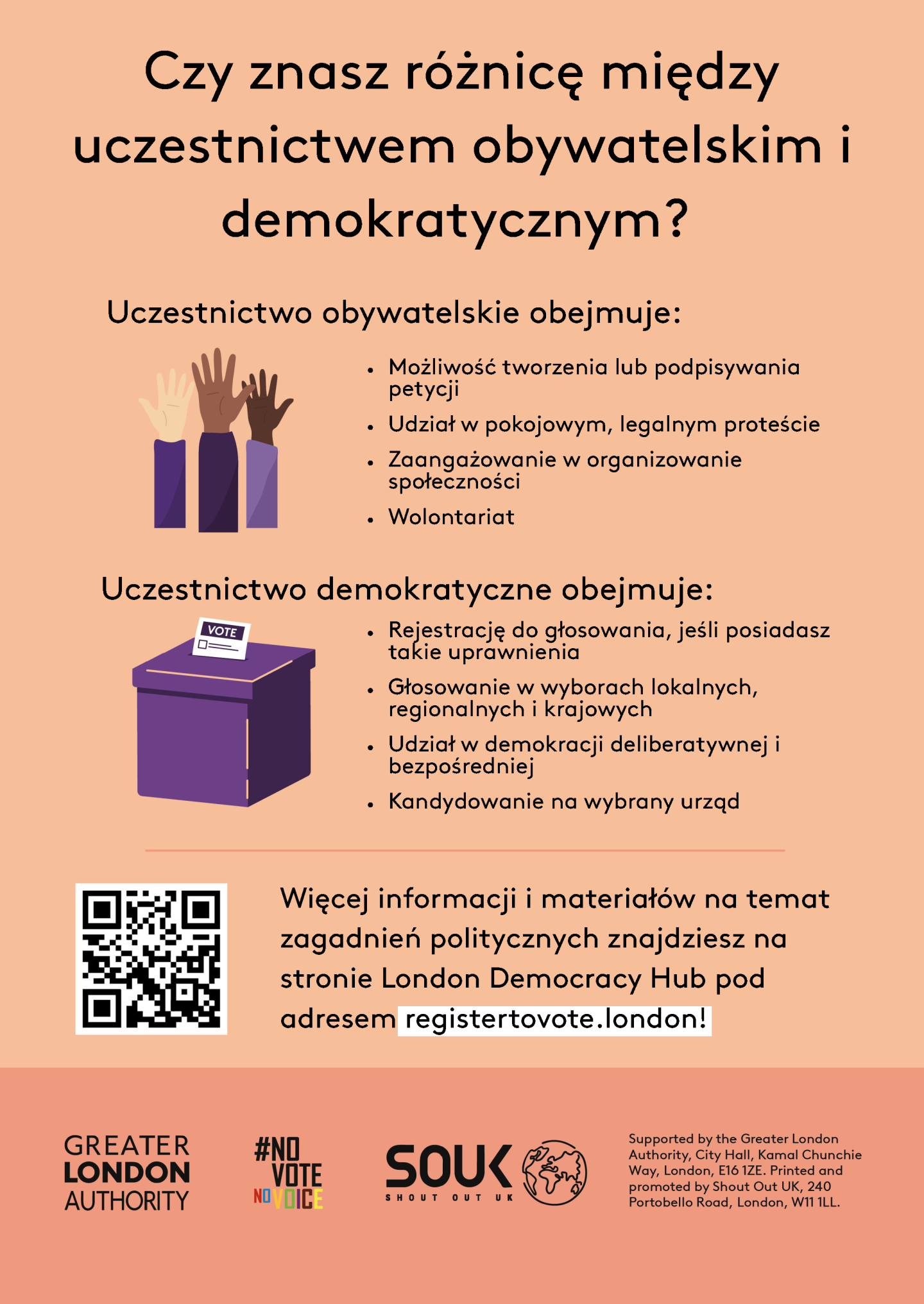 Do you know the difference between civic and democratic participation? Understanding both is key to being an informed Londoner. Civic participation = the ability to start or sign petitions, taking part in peaceful, legal protest, being involved in community organising, volunteering. Democratic participation = registering to vote, if eligible, voting in elections, taking part in deliberative and participatory democracy, standing for elected office. Check out the GLA Democracy Hub for more info.