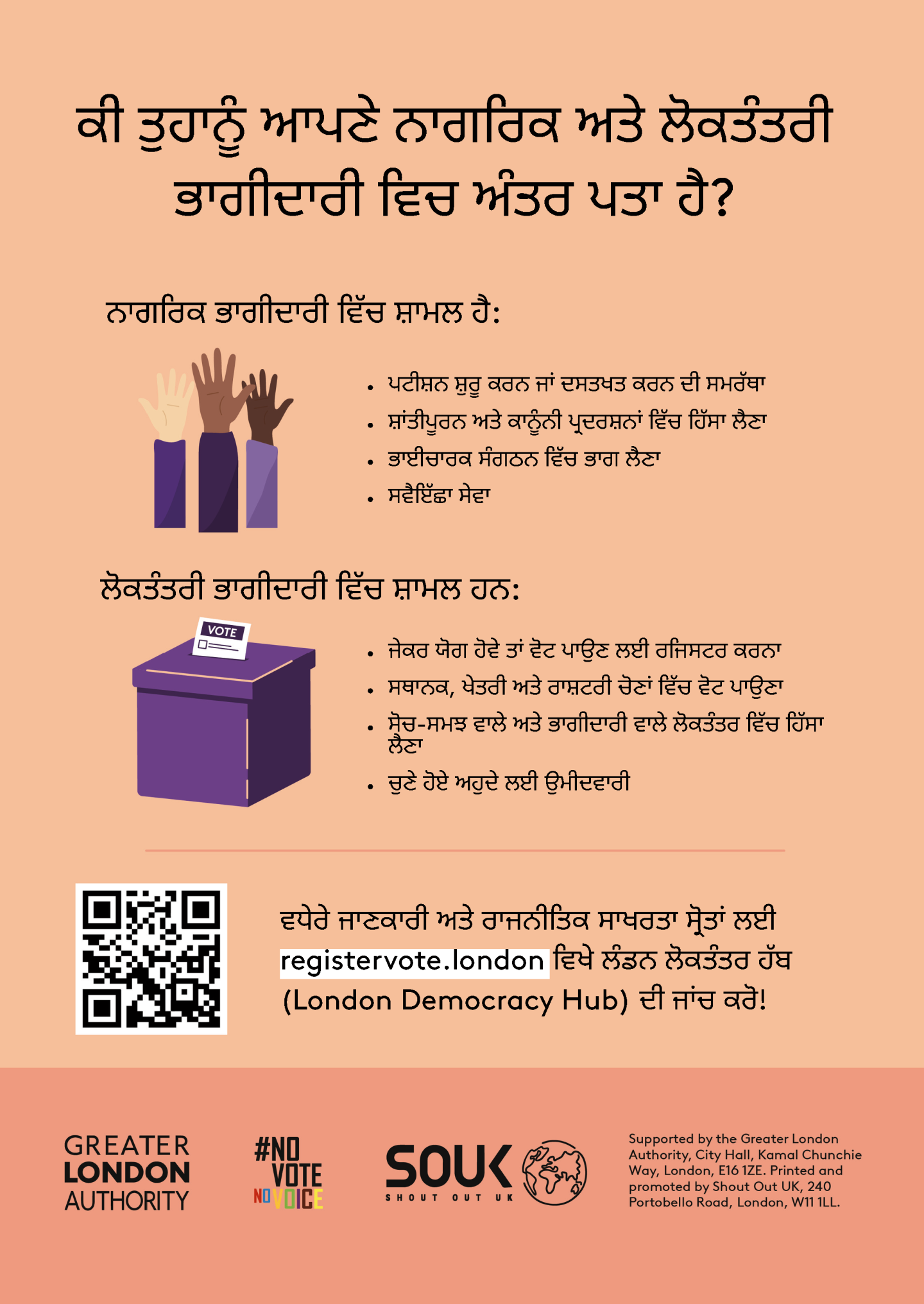 Do you know the difference between civic and democratic participation? Understanding both is key to being an informed Londoner. Civic participation = the ability to start or sign petitions, taking part in peaceful, legal protest, being involved in community organising, volunteering. Democratic participation = registering to vote, if eligible, voting in elections, taking part in deliberative and participatory democracy, standing for elected office. Check out the GLA Democracy Hub for more info.