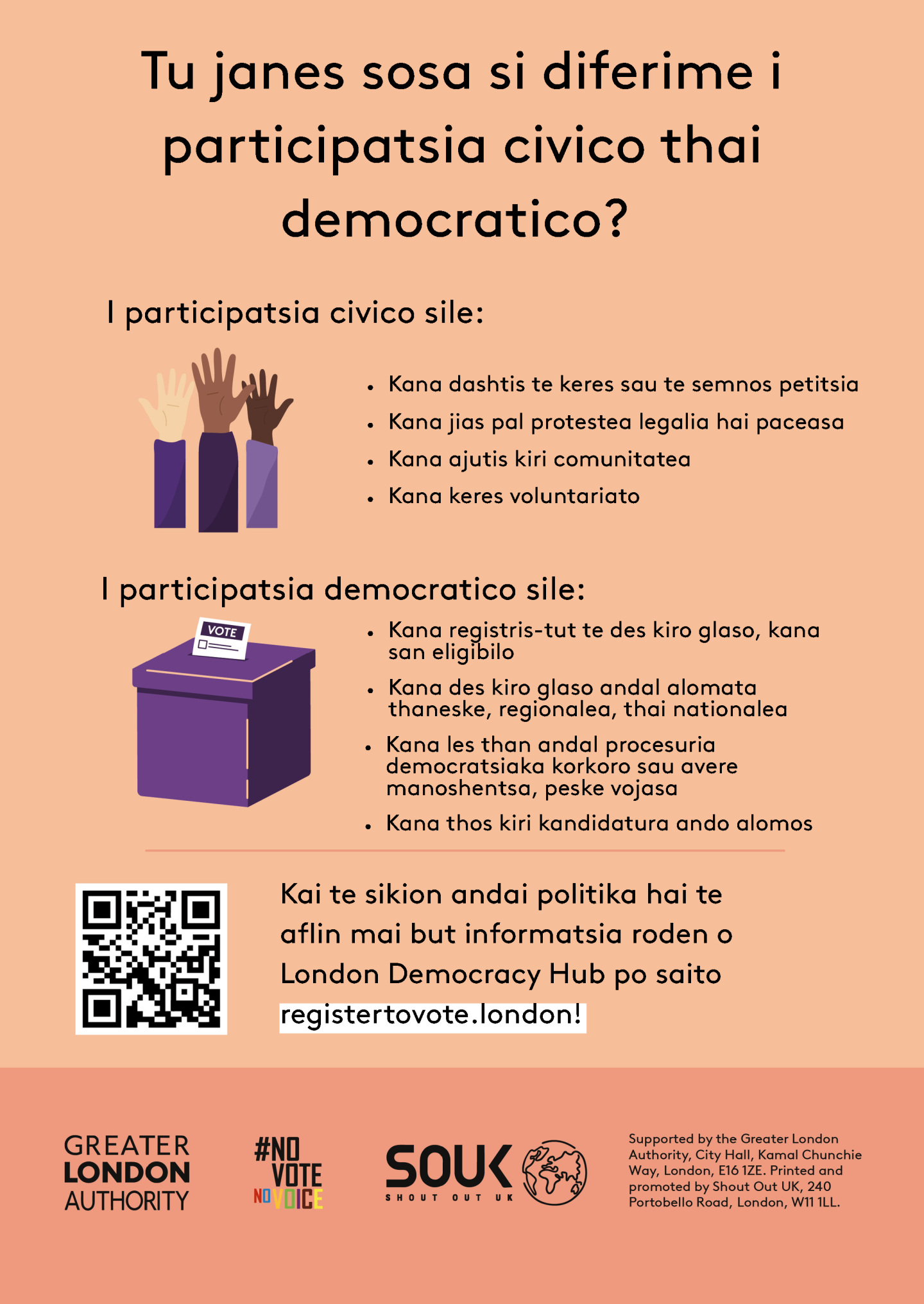 Do you know the difference between civic and democratic participation? Understanding both is key to being an informed Londoner. Civic participation = the ability to start or sign petitions, taking part in peaceful, legal protest, being involved in community organising, volunteering. Democratic participation = registering to vote, if eligible, voting in elections, taking part in deliberative and participatory democracy, standing for elected office. Check out the GLA Democracy Hub for more info.