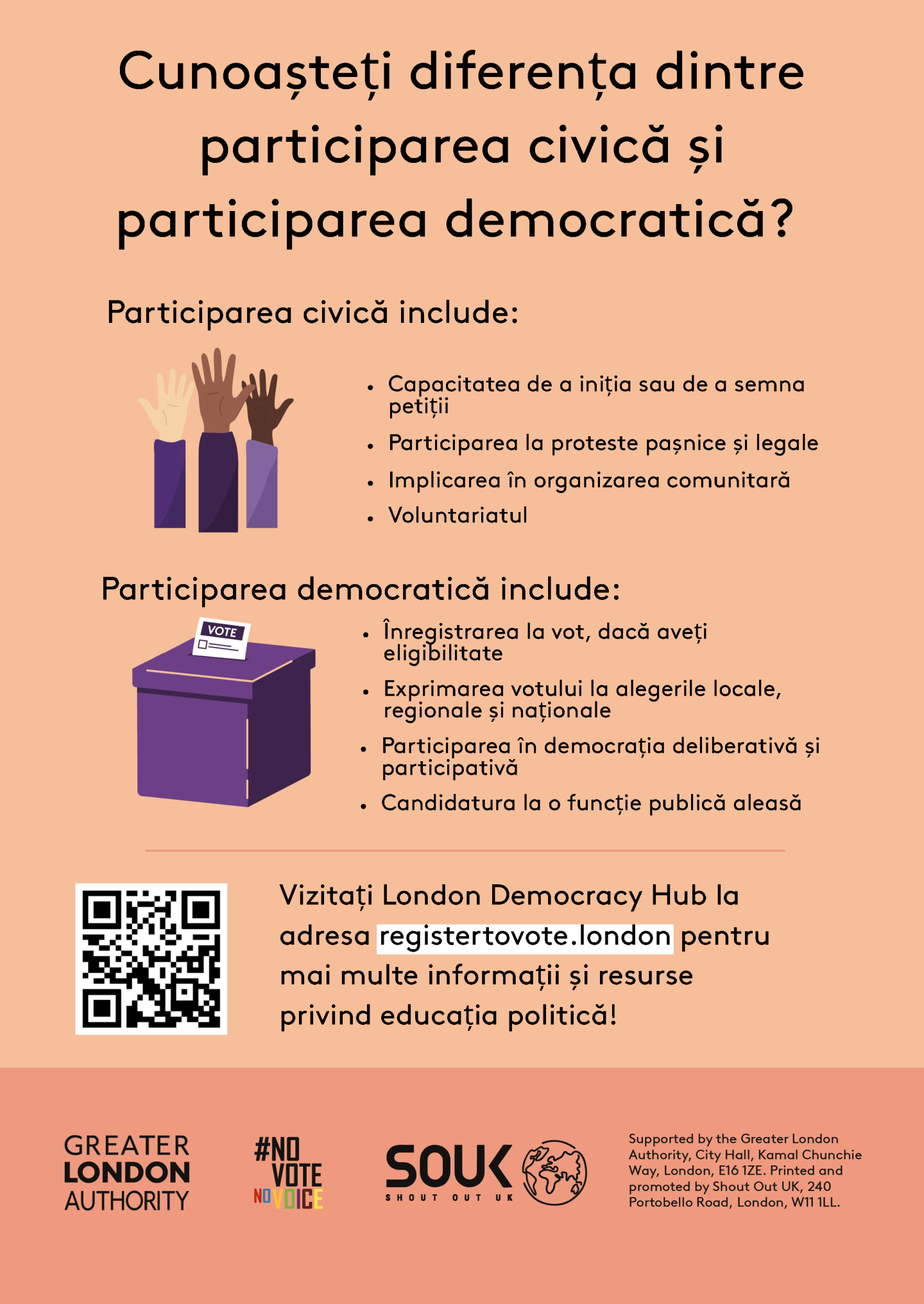 Do you know the difference between civic and democratic participation? Understanding both is key to being an informed Londoner. Civic participation = the ability to start or sign petitions, taking part in peaceful, legal protest, being involved in community organising, volunteering. Democratic participation = registering to vote, if eligible, voting in elections, taking part in deliberative and participatory democracy, standing for elected office. Check out the GLA Democracy Hub for more info.