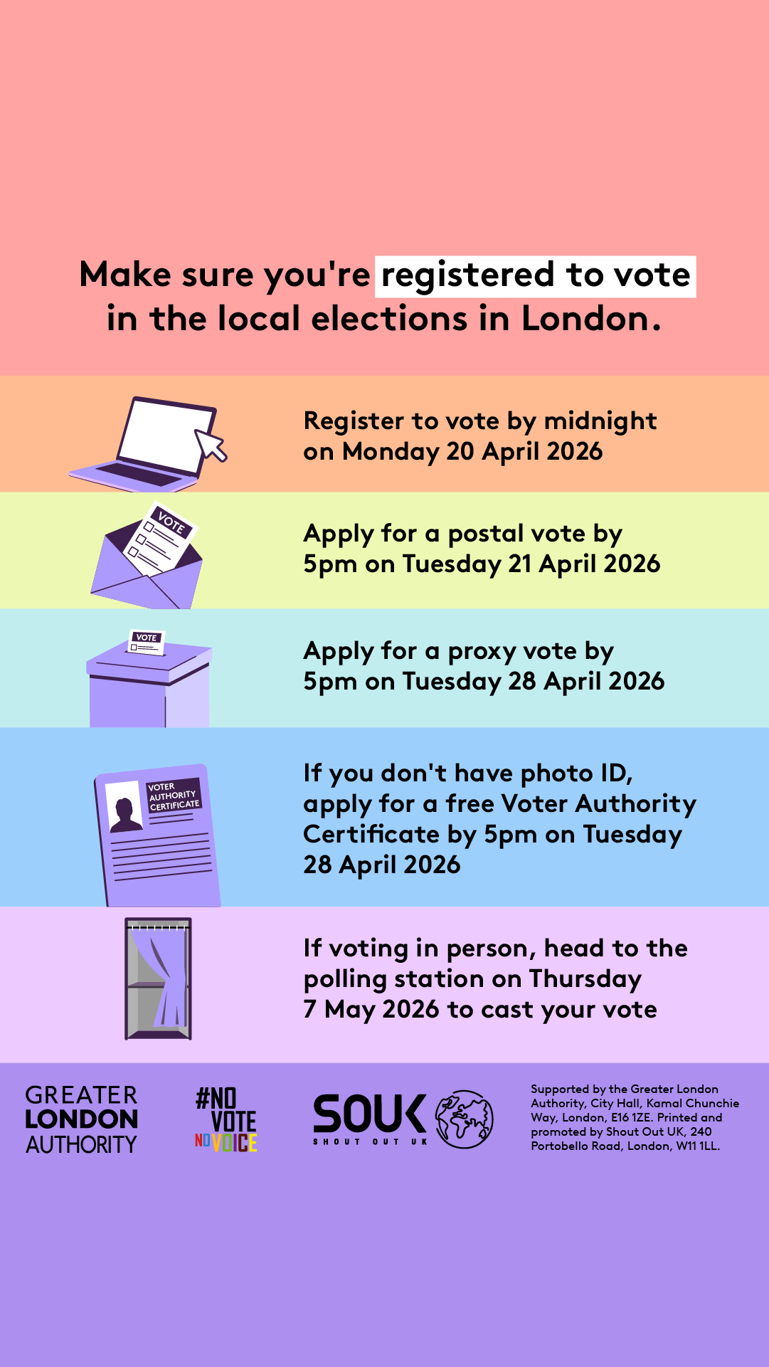 Image titled “Make sure you're registered to vote in the local elections in London.” It lists: “Register to vote by midnight on Monday 20 April 2026”; “Apply for a postal vote by 5pm on Tuesday 21 April 2026”; “Apply for a proxy vote by 5pm on Tuesday 28 April 2026”; “If you don't have photo ID, apply for a free Voter Authority Certificate by 5pm on Tuesday 28 April 2026”; and “If voting in person, head to the polling station on Thursday 7 May 2026 to cast your vote.”  