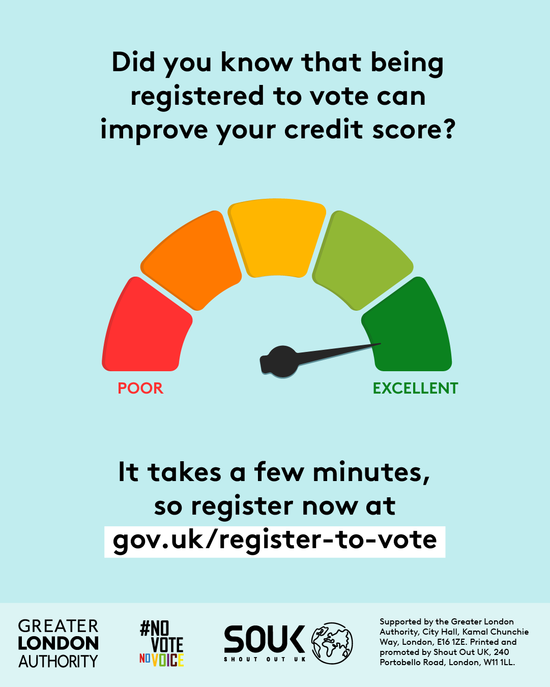 Colour scale in shape of an arch with red and poor on the right through to green and excellent on the left. There is an arrow pointing to the green, excellent section. Did you know that being registered to vote can improve your credit score? It takes a few minutes, so register now at Register to vote - GOV.UK.    Digital imprint states: Supported by the Greater London Authority, City Hall, Kamal Chunchie Way, London E16 1ZE. Printed and promoted by Shout Out UK, 240 Portobello Road, London W11 1LL. 
