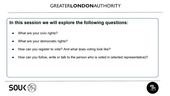 A preview of the session aims. In this session we will explore the following questions: ​What are your civic rights?​  ​What are your democratic rights?​ How can you register to vote? And what does voting look like?​  ​  How can you follow, write or talk to the person who is voted in (elected representative)?