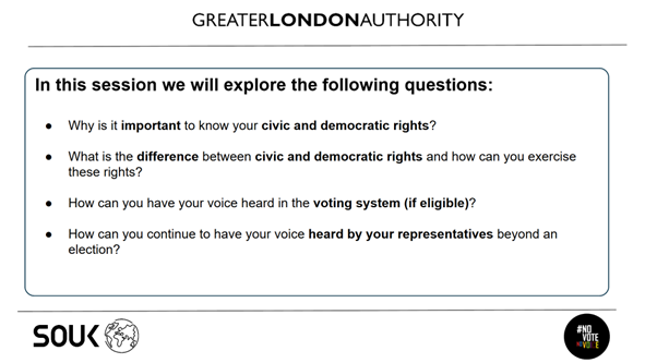 Preview of session aims. In this session we will explore the following questions: ​Why is it important to know your civic and democratic rights?​ What is the difference between civic and democratic rights and how can you exercise these rights?​ How can you have your voice heard in the voting system (if eligible)?​ How can you continue to have your voice heard by your representatives beyond an election?