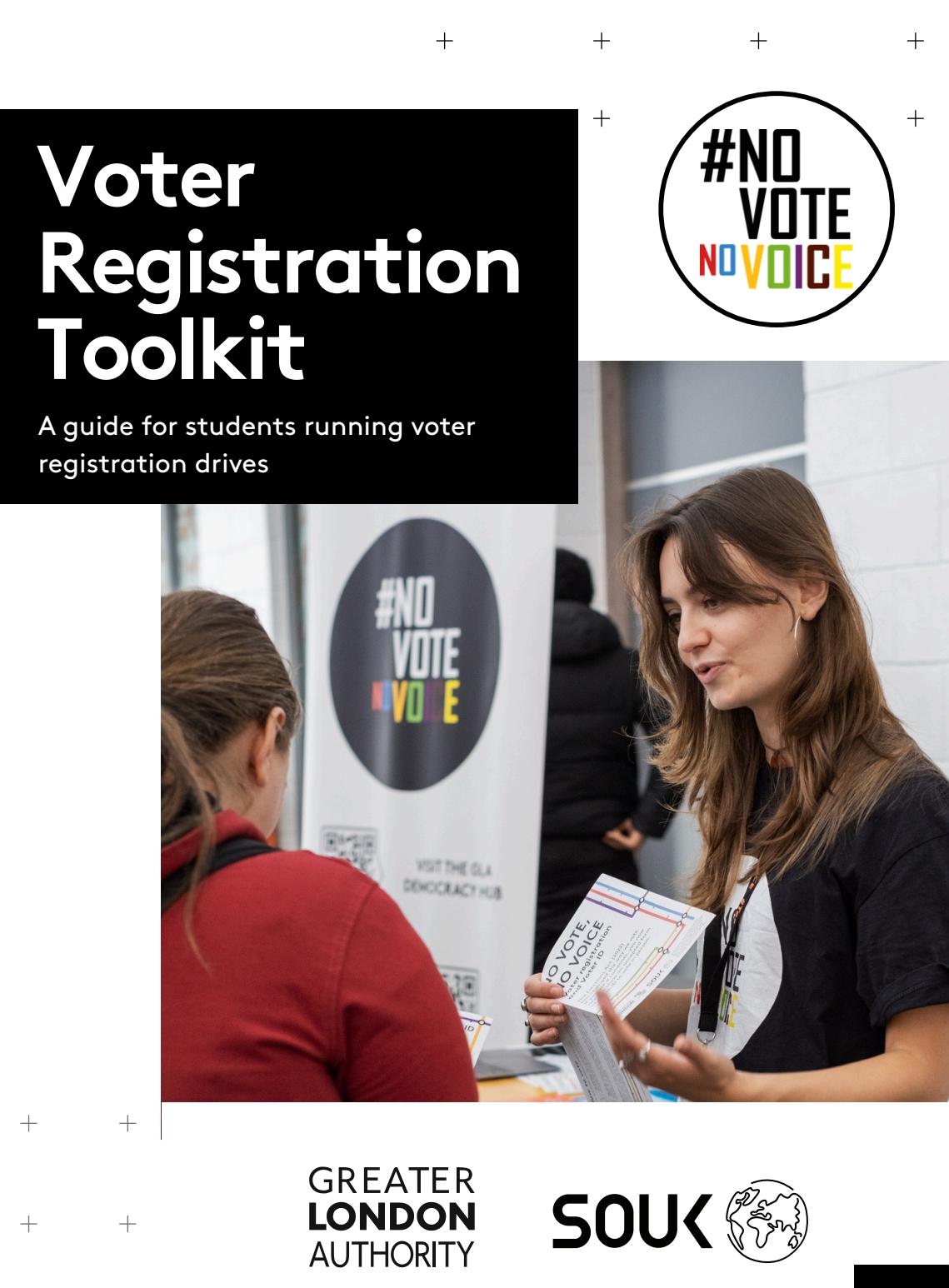 Cover page for Voter Registration toolkit. No Vote No Voice logo and a women sharing a voting information leaflet with another woman who is visiting an information stall.