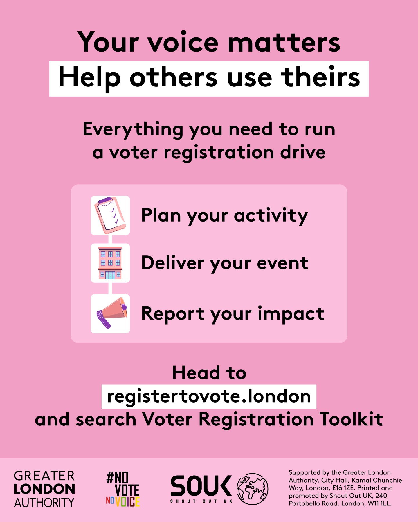 Pink campaign graphic from the Greater London Authority and Shout Out UK. Headline reads: “Your voice matters. Help others use theirs.” The graphic advertises resources for running a voter registration drive and uses icons alongside three steps: “Plan your activity”, “Deliver your event”, and “Report your impact”. It directs viewers to registertovote.london and to search for “Voter Registration Toolkit”. Logos for the Greater London Authority, #NoVoteNoVoice and Shout Out UK appear at the bottom.