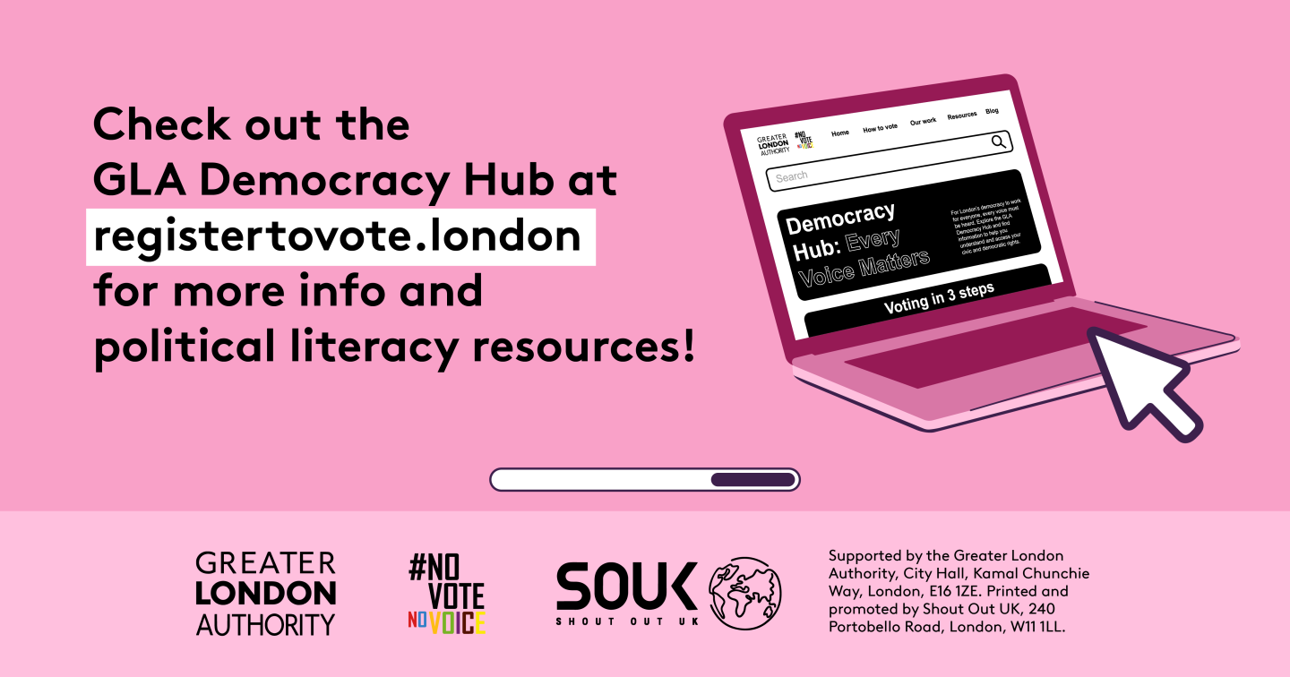 Check out the GLA Democracy Hub for more info and political literacy resources with an open laptop computer with the Democracy Hub homepage on the screen. 