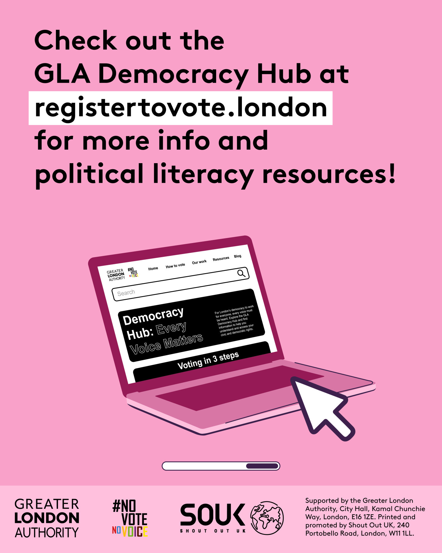 Check out the GLA Democracy Hub for more info and political literacy resources with an open laptop computer with the Democracy Hub homepage on the screen. 