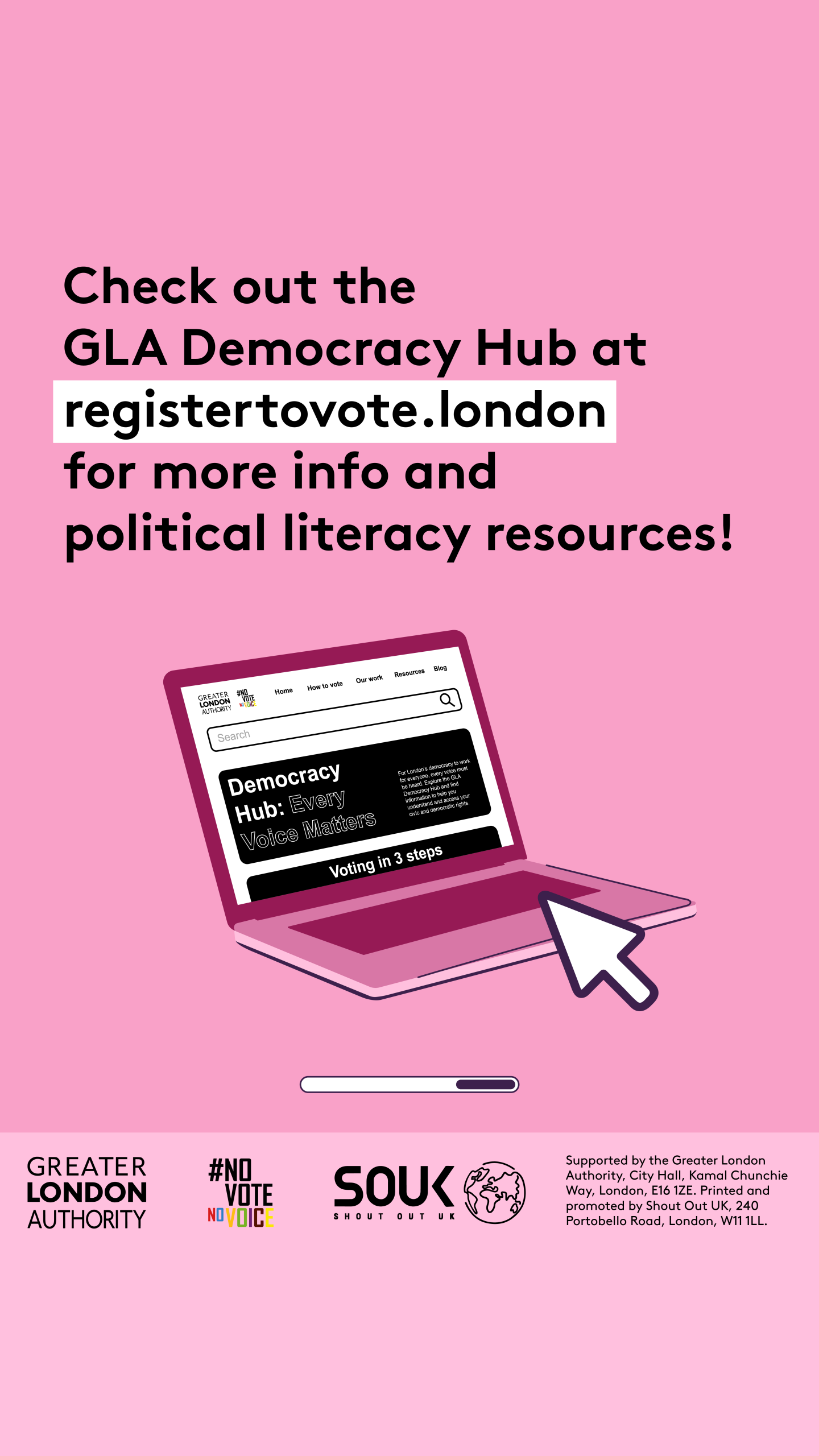 Check out the GLA Democracy Hub for more info and political literacy resources with an open laptop computer with the Democracy Hub homepage on the screen. 