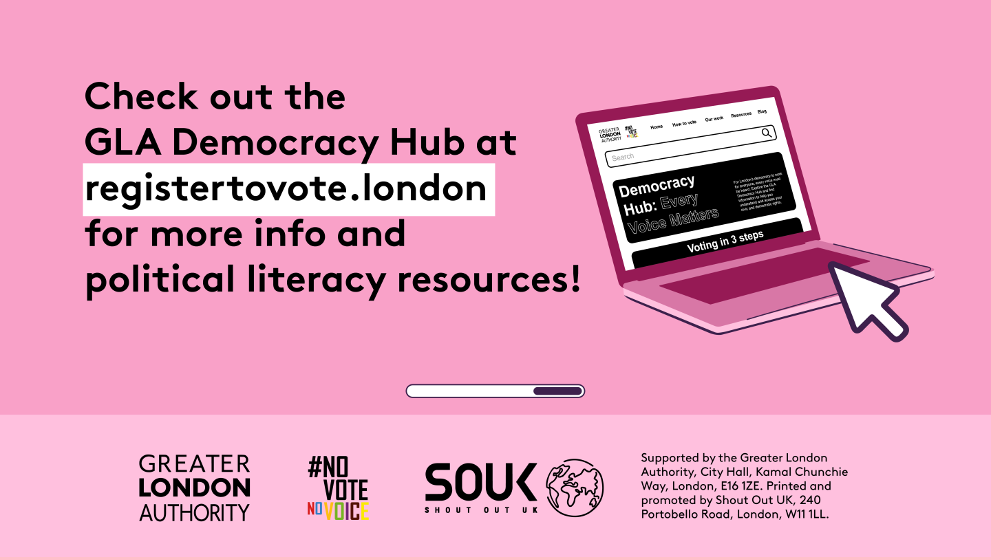Check out the GLA Democracy Hub for more info and political literacy resources with an open laptop computer with the Democracy Hub homepage on the screen. 