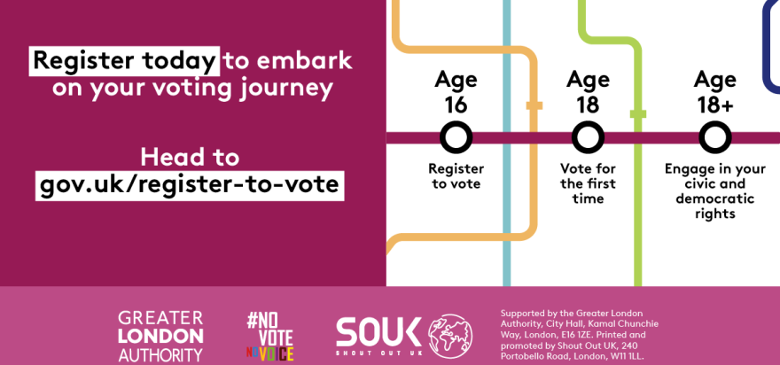 Coloured lines of the London tube map in the background. The prominent line in the foreground has three circles to show stops on the line. The first stop is Age 16 – register to vote”, the second stop is “Age 18 – vote for the first time”, and the third stop is “Age 18+ – engage in your civic and democratic rights”. Head to Register to vote - GOV.UK.  